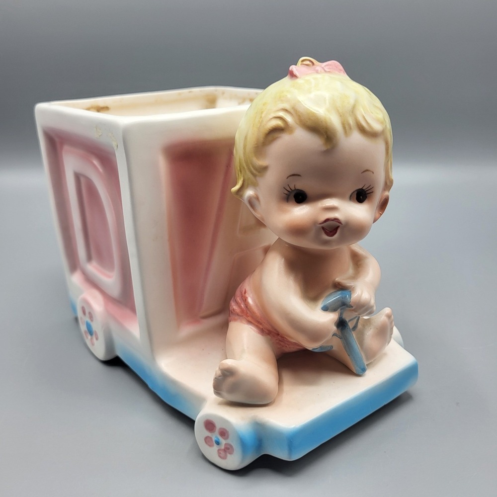 Enesco Baby Girl Alphabet Block Cart Planter Vintage Japan E-6127 Pink Blue READ